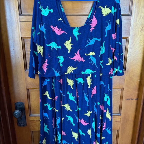 Modcloth Asymmetrical Dress with Dinosaur Print - Blue, Yellow, Pink - Picture 4 of 8